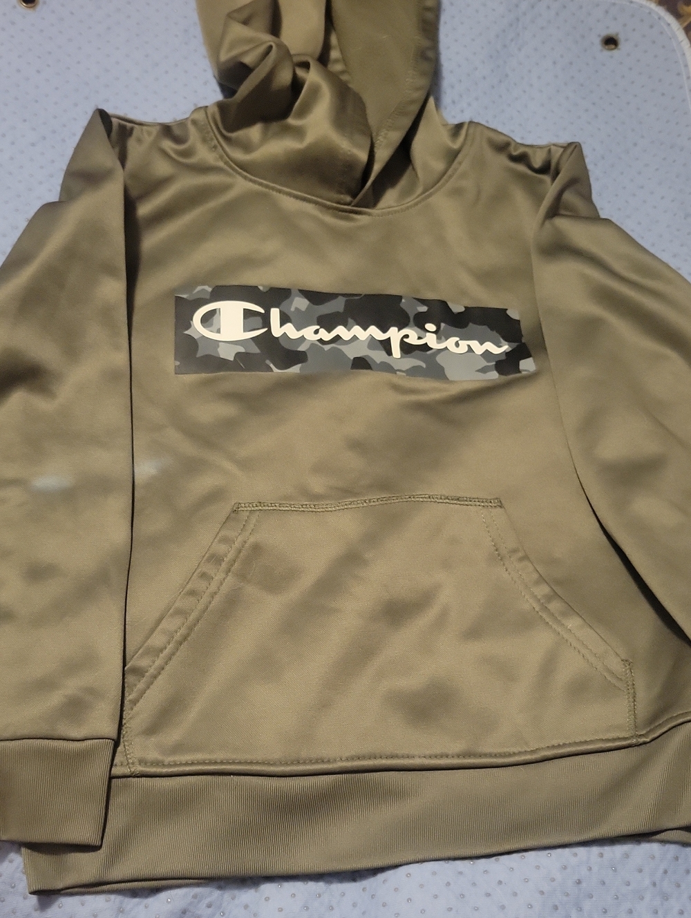 Champion Kids Olive Hooded Sweatshirt with Camo Logo Panel